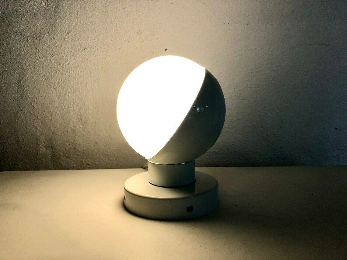 Danish Vintage Minimalist Space Age Ball Table Or Wall Lamp With Eclipse Effect In Opal Glass And White Metal