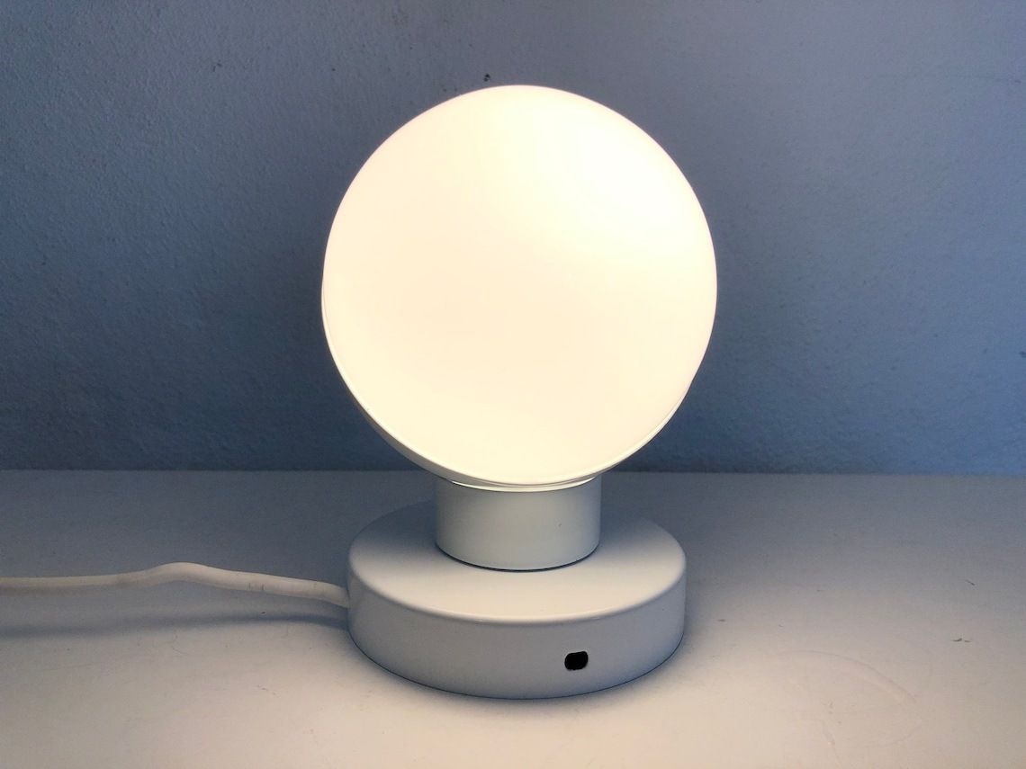 Danish Vintage Minimalist Space Age Ball Table Or Wall Lamp With Eclipse Effect In Opal Glass And White Metal photo Lighting