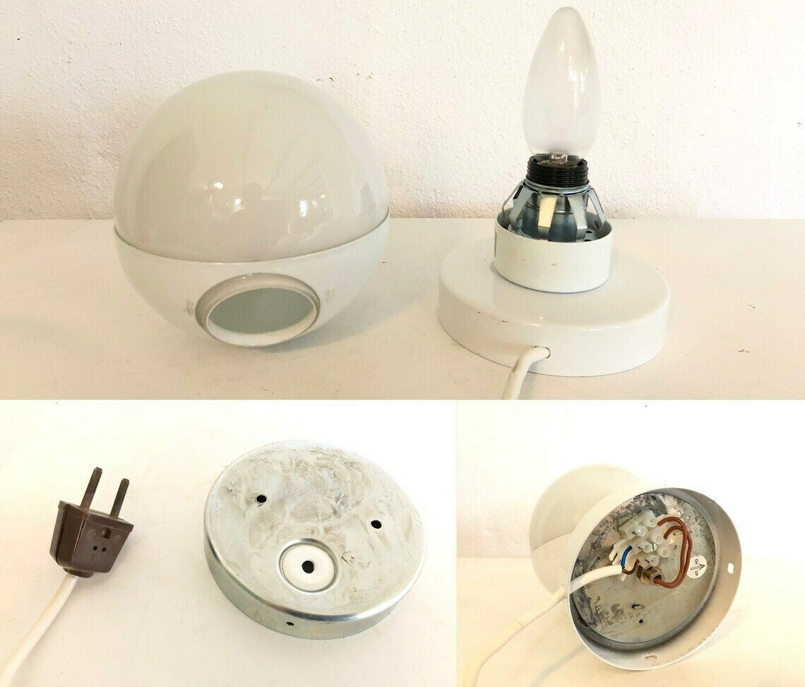 photo for sale Danish Vintage Minimalist Space Age Ball Table Or Wall Lamp With Eclipse Effect In Opal Glass And White Metal