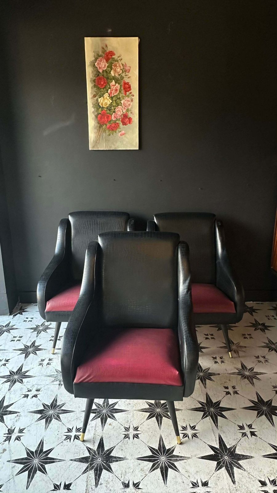 French Midcentury Faux Alligator Armchairs. Classic 1950’s Red/Black. Brass Feet. Set Of Three. photo furniture