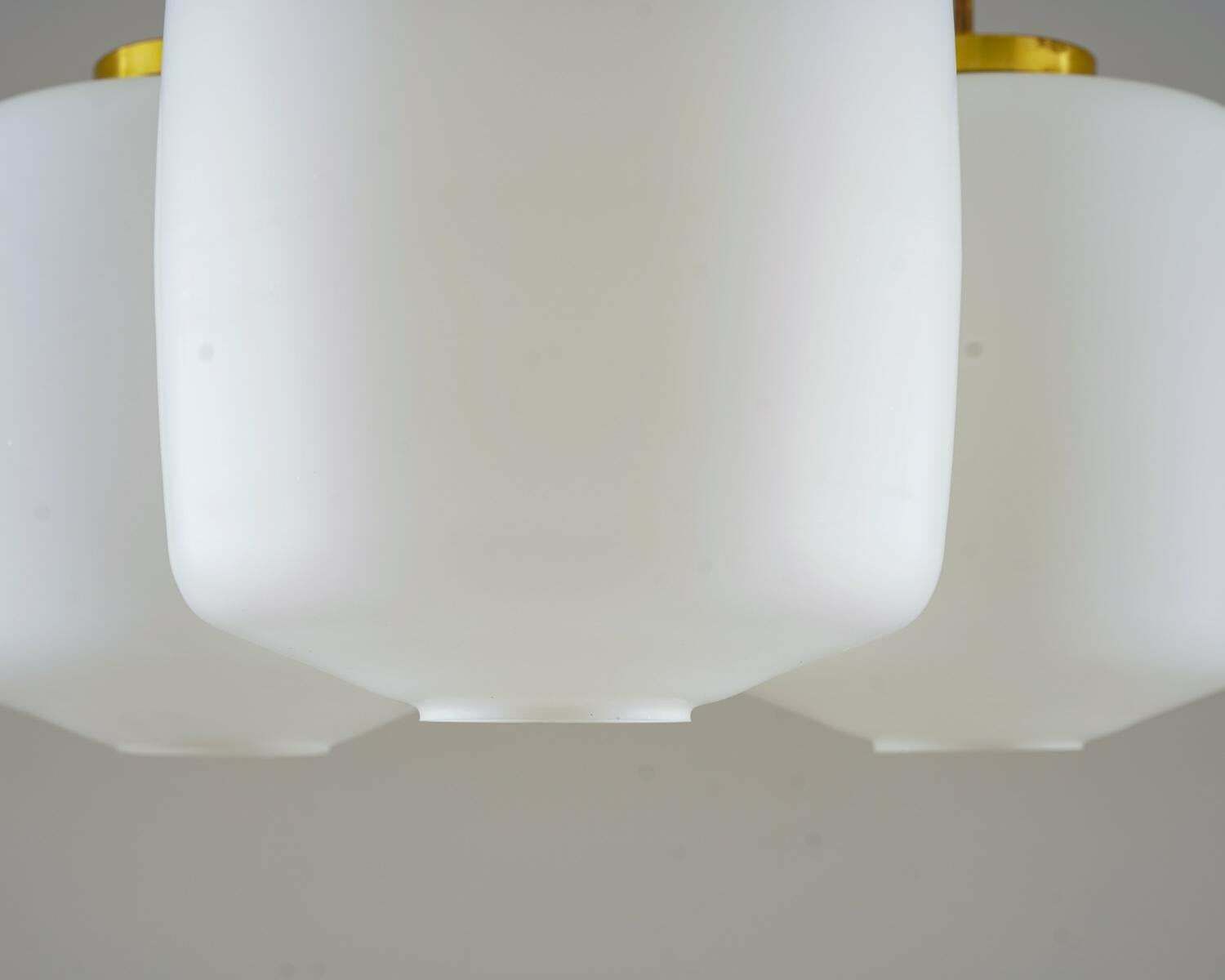 Large Chandelier In Brass And Opaline Glass By Høvik Lys, Norway photo 5321.0