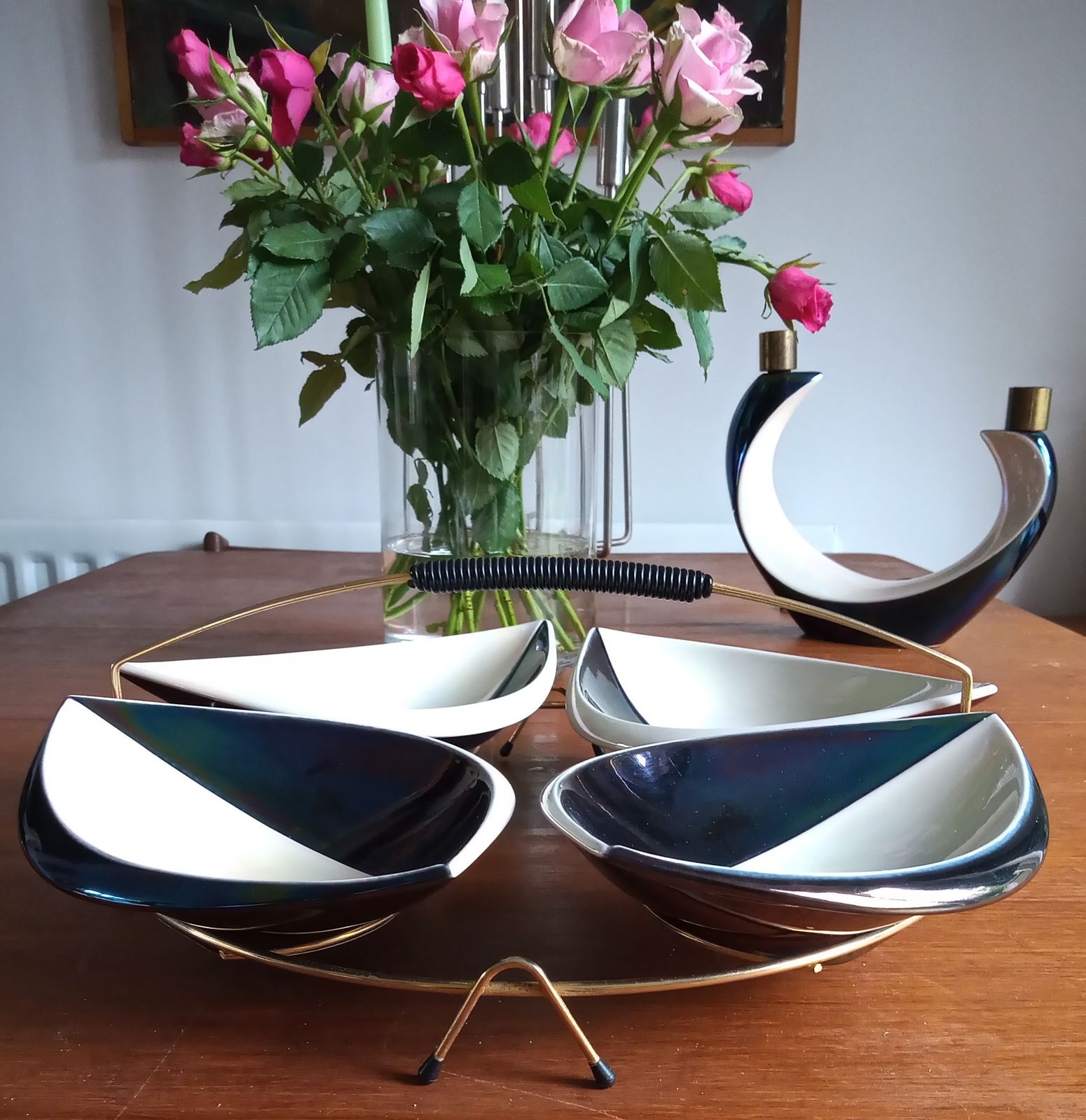 1960s Rare Verceram Ceramique French Iridescent Blue Black And Pearl Glazed Hors D'oeuvres Serving Tray