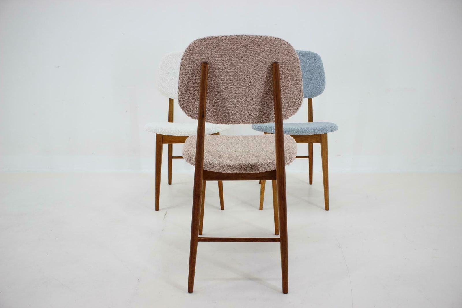 1960s Set Of Three Oak Dining Chairs In Boucle, Czechoslovakia photo vintage