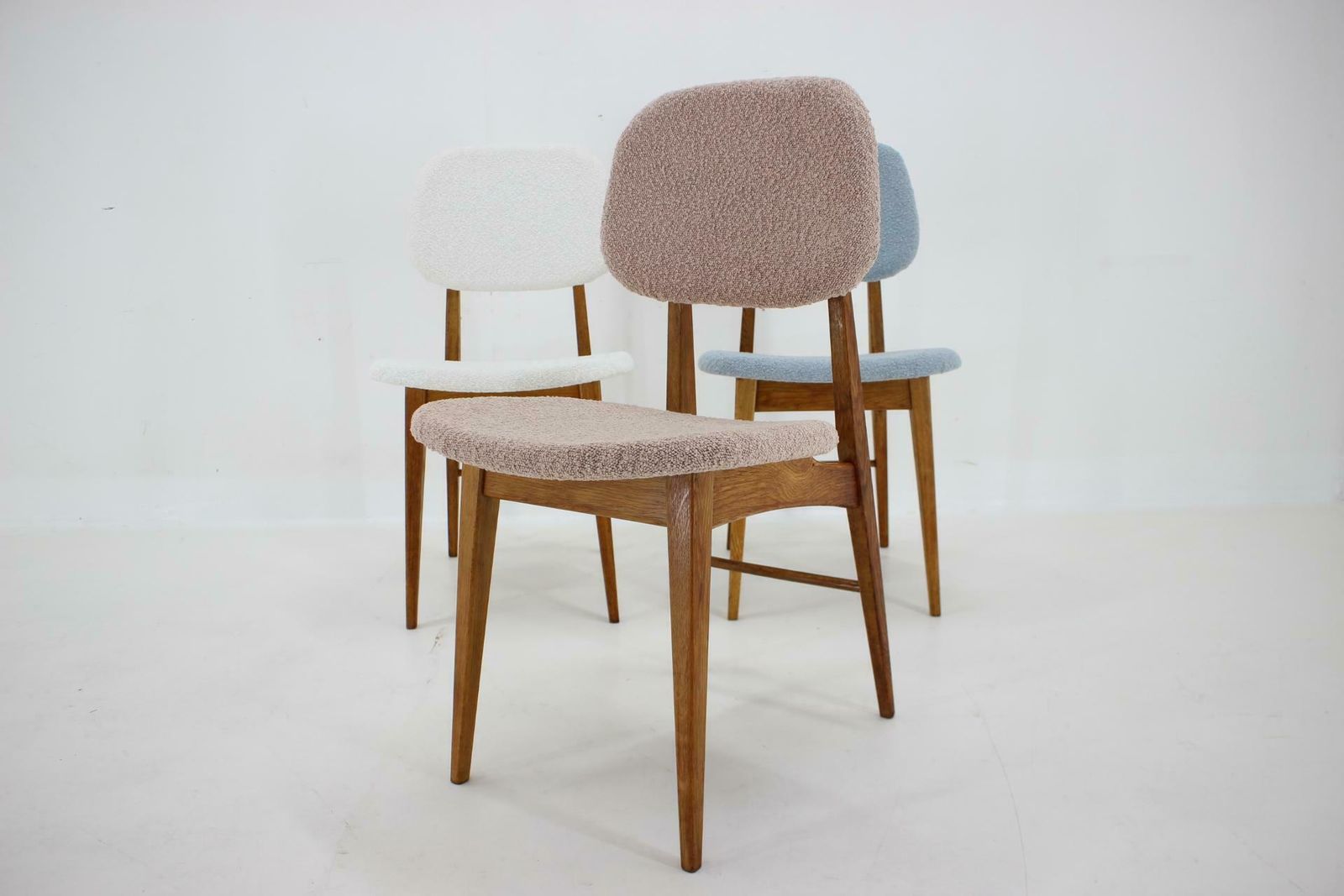 Furniture 1960s Set Of Three Oak Dining Chairs In Boucle, Czechoslovakia photo