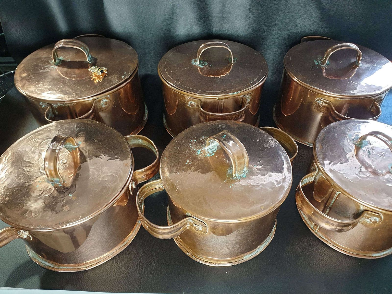 French Copper Pans, Vintage French Copper Pots, Six Solid Copper Pans With Lids, Kitchen Decor And Cookware