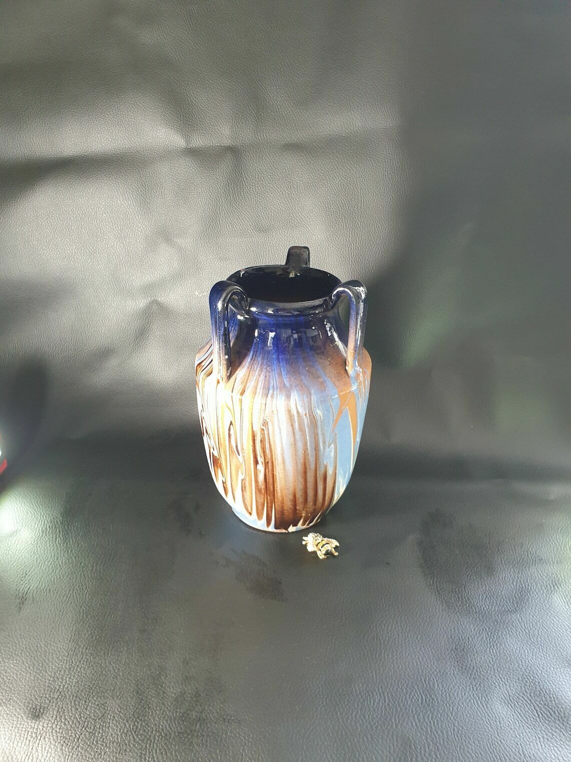 Ceramic Three Handled Jug, Blue White Brown Jug, Stoneware, Ceramic Vase, Vintage Vase photo furniture