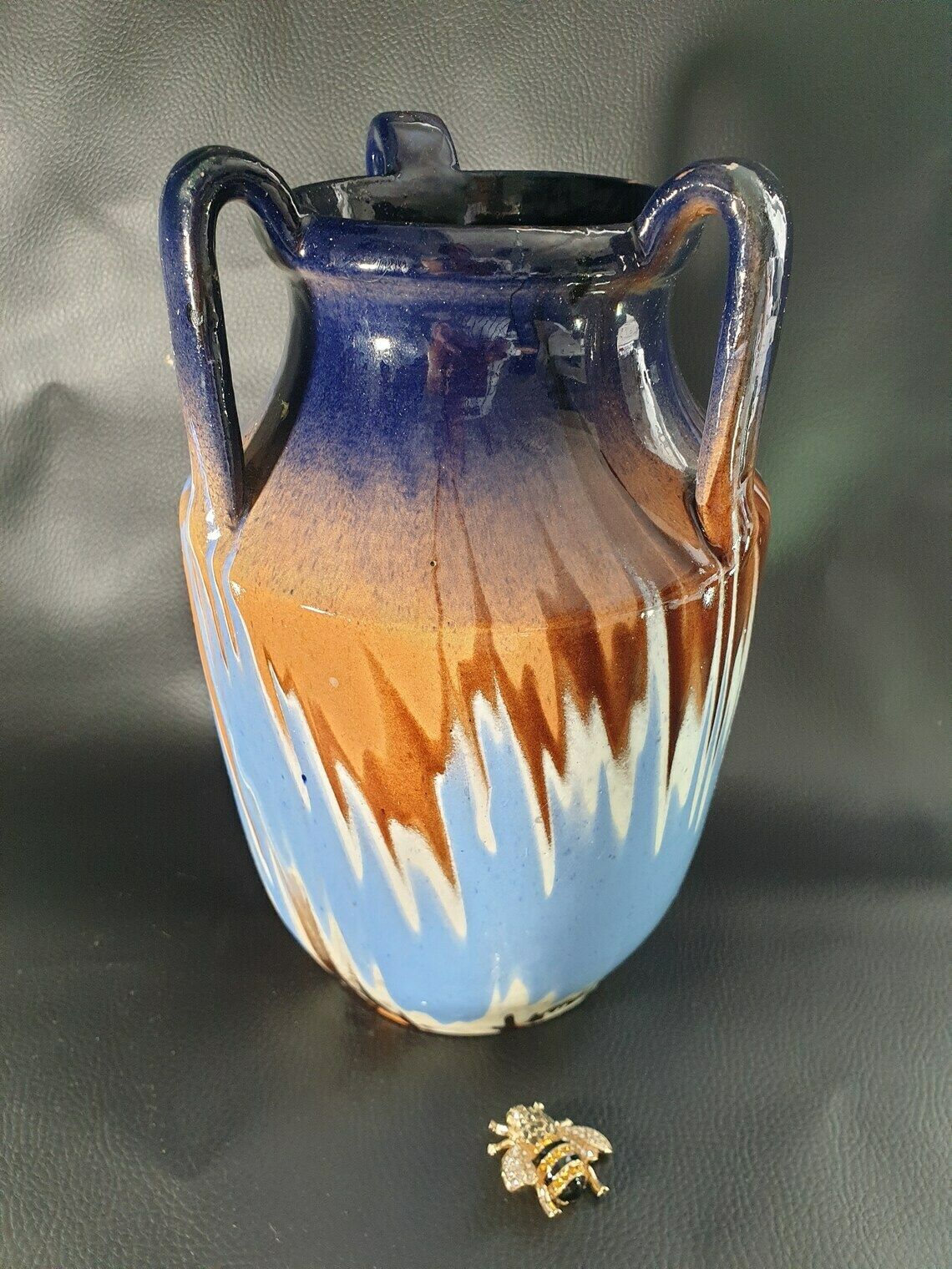 Ceramic Three Handled Jug, Blue White Brown Jug, Stoneware, Ceramic Vase, Vintage Vase photo Home Decor