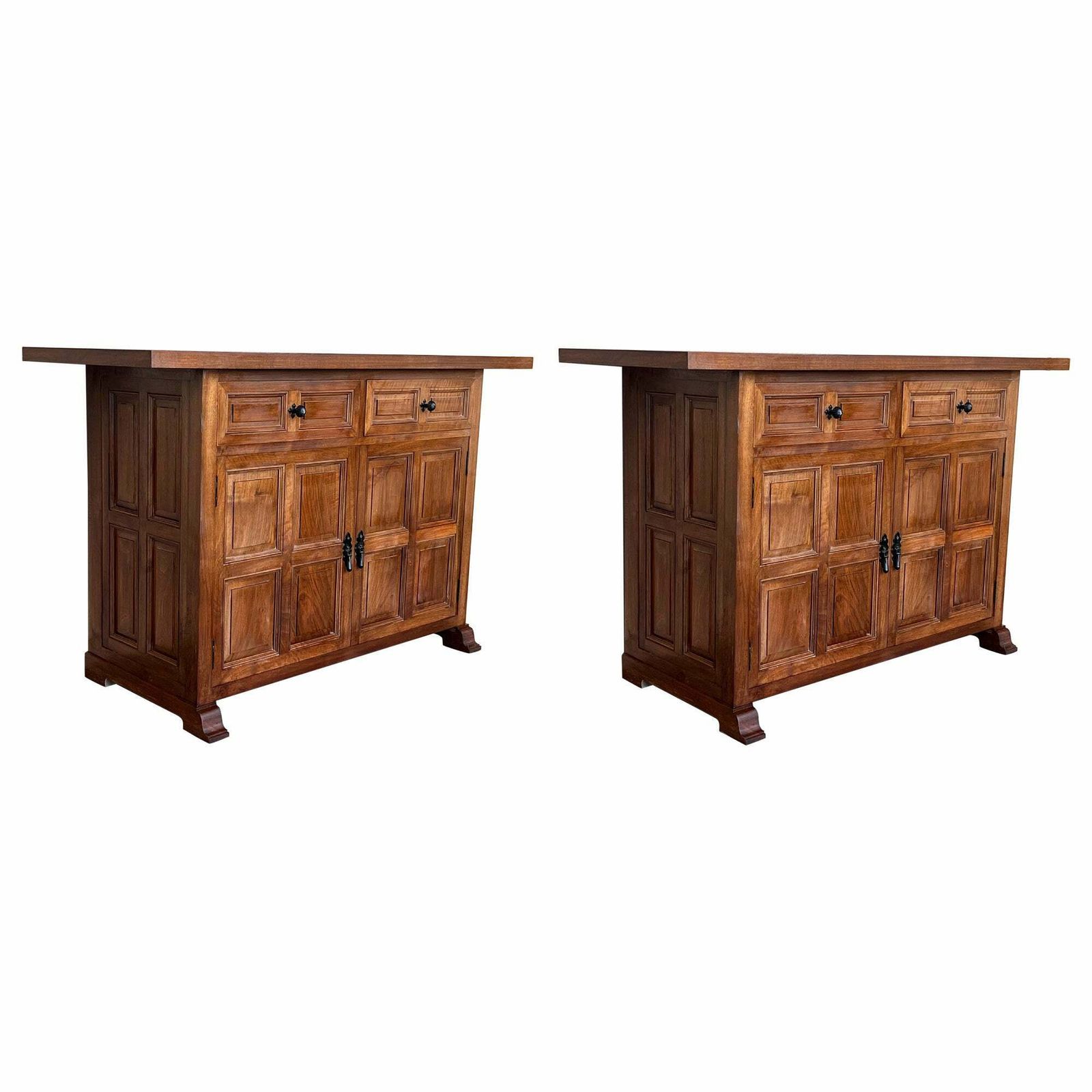 19th Century Pair Of Catalan Carved Oak Tuscan Two Drawers Credenza Or Buffet