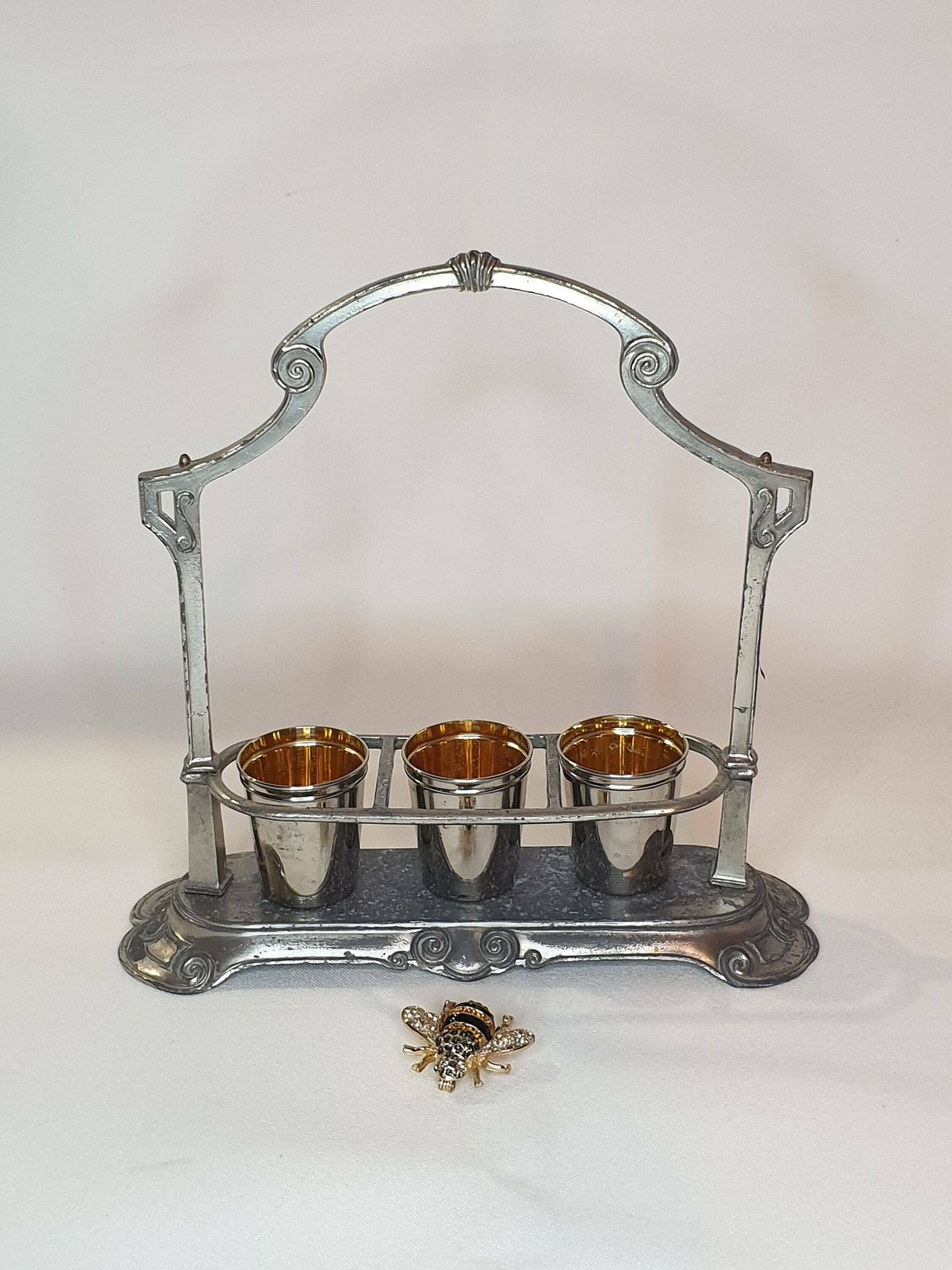 French Vintage Pewter Liqueur Cup Holder And Silver Plated Small Liqueur Cups, Apero Shot Glasses, French Antique Shot Aperitif Cups