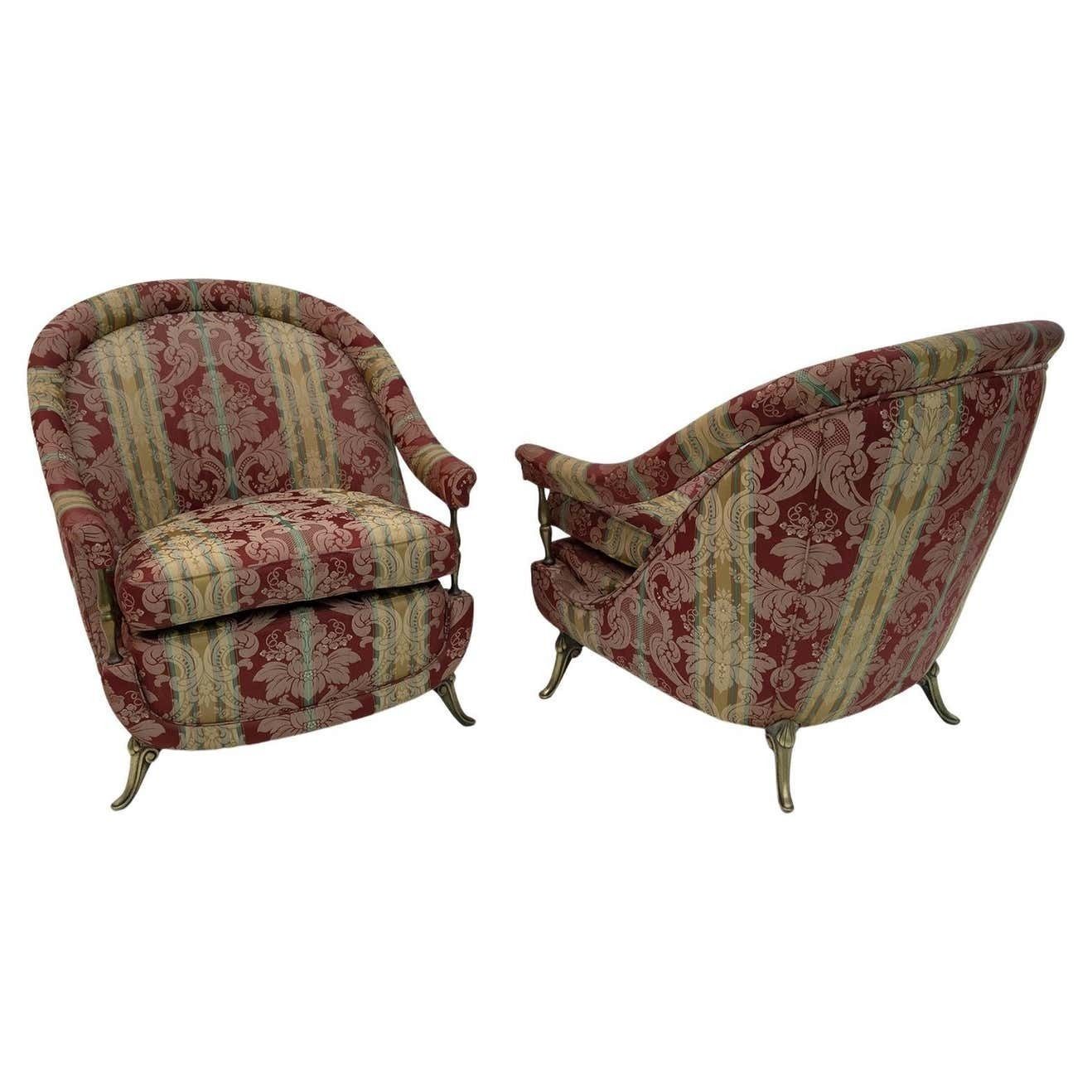 Pair Art Dèco Style French Brass And Fabric Armchairs, 1950s