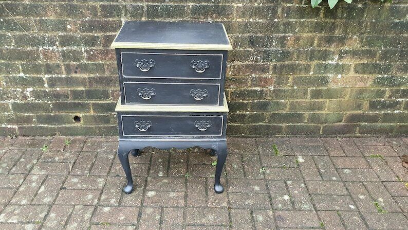 Vintage Occasional Bedside Chest Of Drawers In Farrow And Ball ‘Pitch Black’ Cabriole Legs