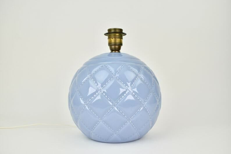 Vintage French Lilac Ceramic Table Lamp Lavender | Mid Century Accent Light Purple Quilted Round Globe Brass Antique Brocante Porcelain 1950 photo Lighting