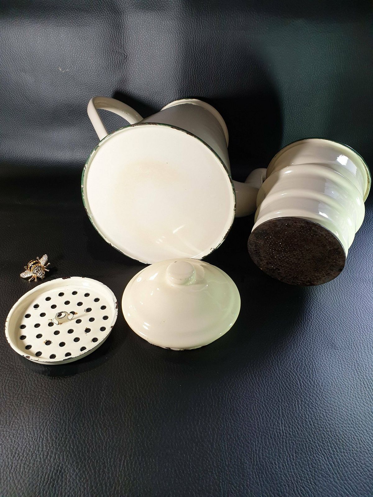 French Vintage Enamel Cafetiere, Enamel Cream Coffee Pot, Antique Enamelware, Enamelware Coffee Pot, Vintage French Enamelware photo furniture