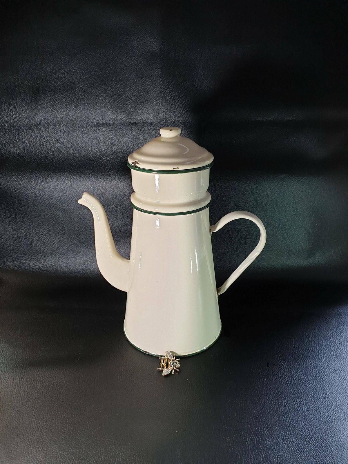 French Vintage Enamel Cafetiere, Enamel Cream Coffee Pot, Antique Enamelware, Enamelware Coffee Pot, Vintage French Enamelware photo for sale