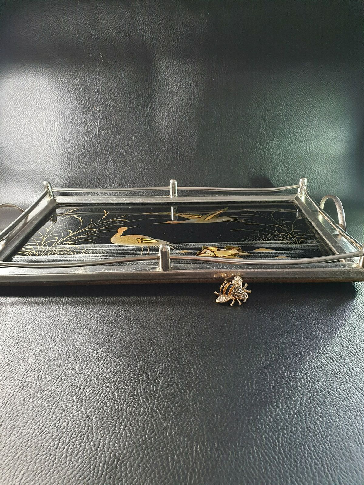 Vintage Serving Tray, Inspired Dressing Table Candle Display, Drinks Tray, Distressed Silver Tray, Japanese Mother Of Pearl Inlay photo 75.0