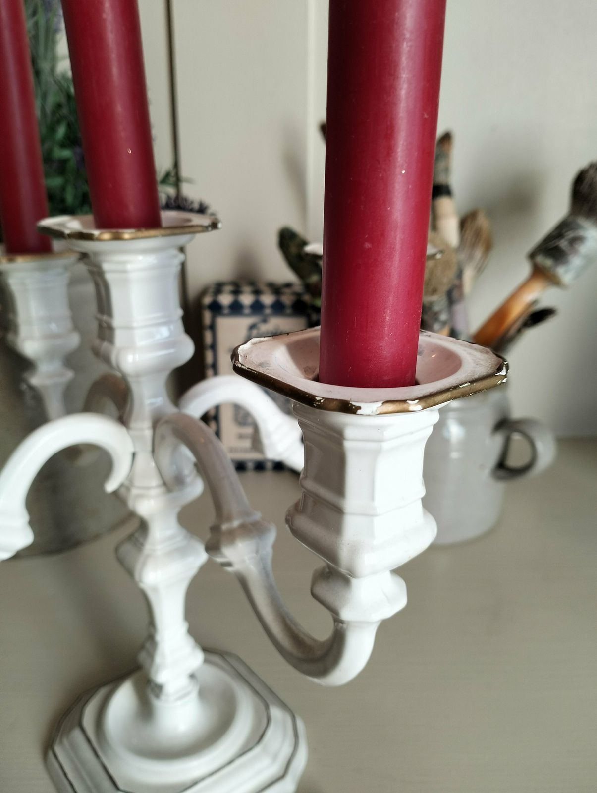 French Vintage Candelabra, Vintage French White Candlestick, White And Gold Candelabra photo Home Decor