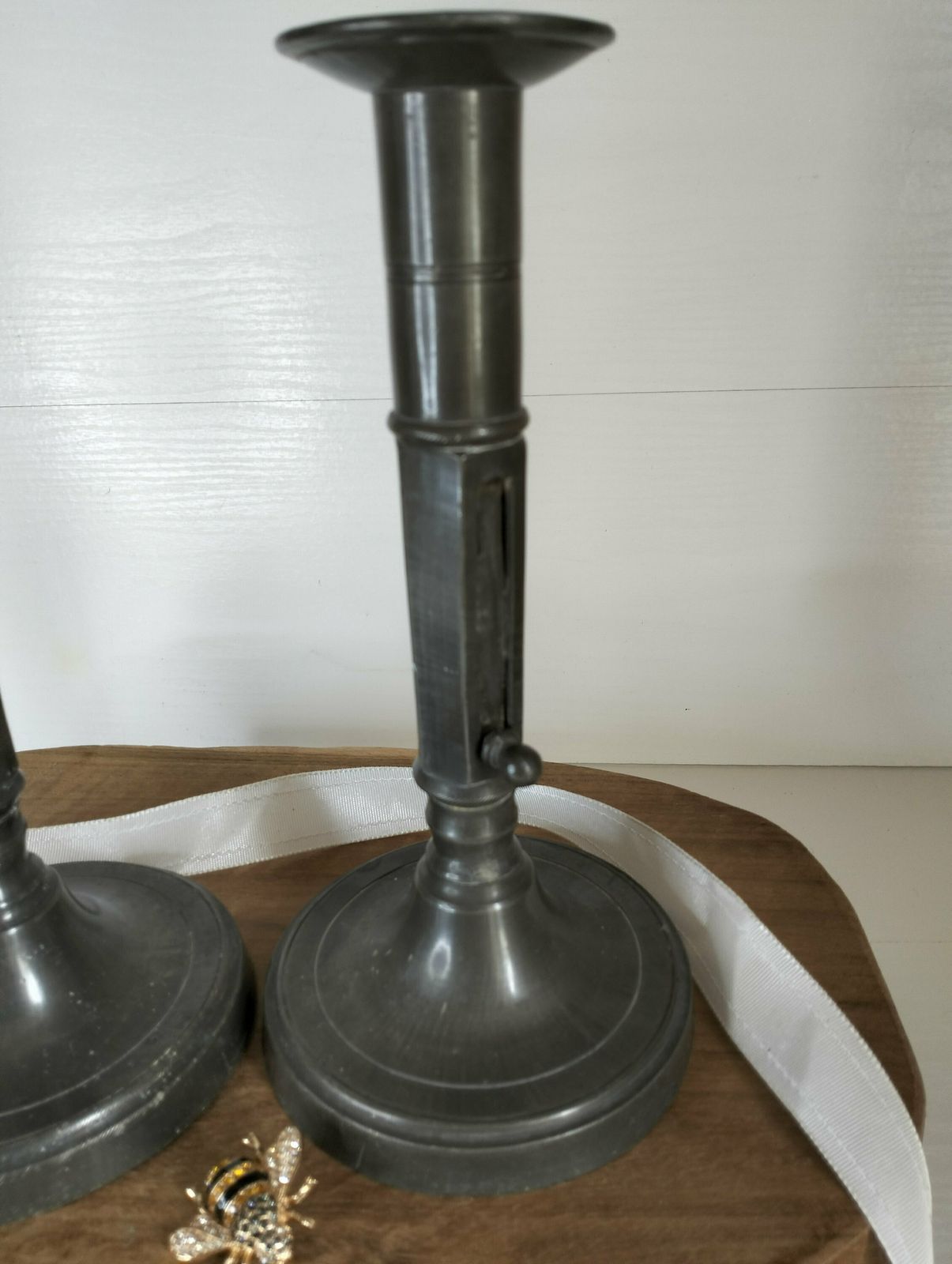Vintage French Pewter Candlesticks, Candlestick Holders, Pair Of Heavy Solid Pewter Vintage French Candlesticks photo vinterior
