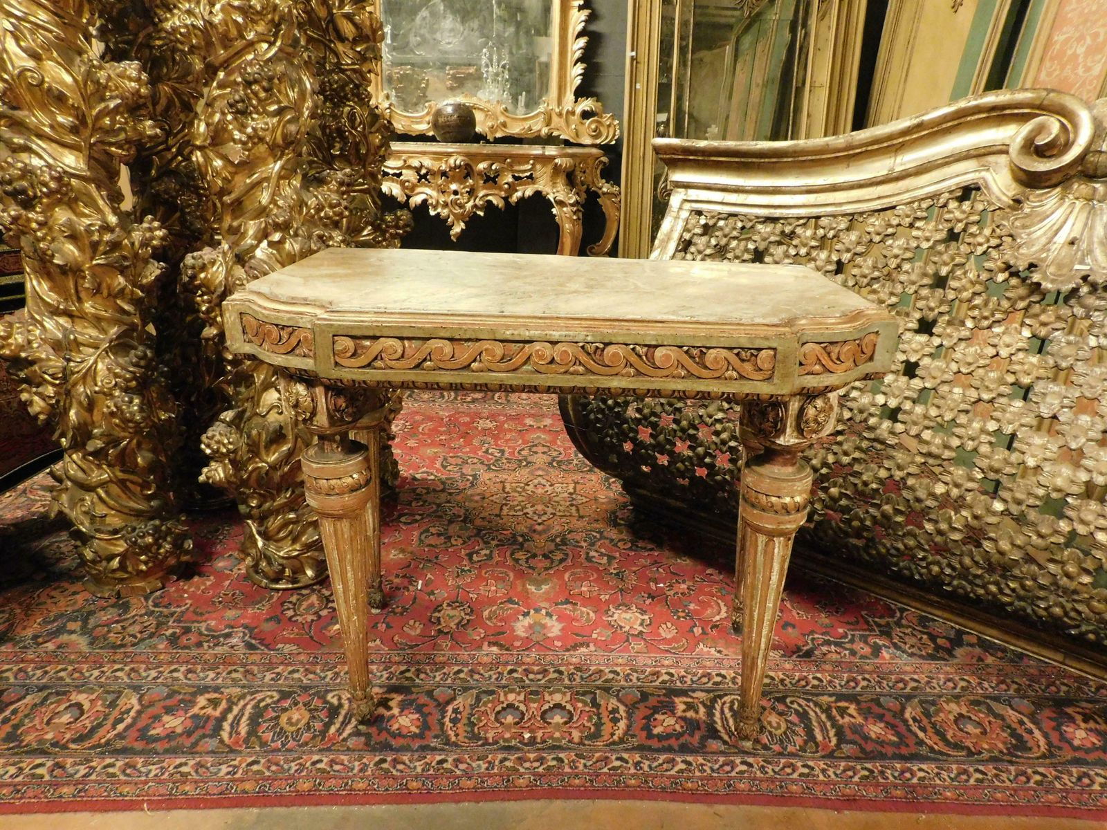 Console Table In Lacquered And Gilded Wood With Floral Motifs, Alabaster Top photo furniture