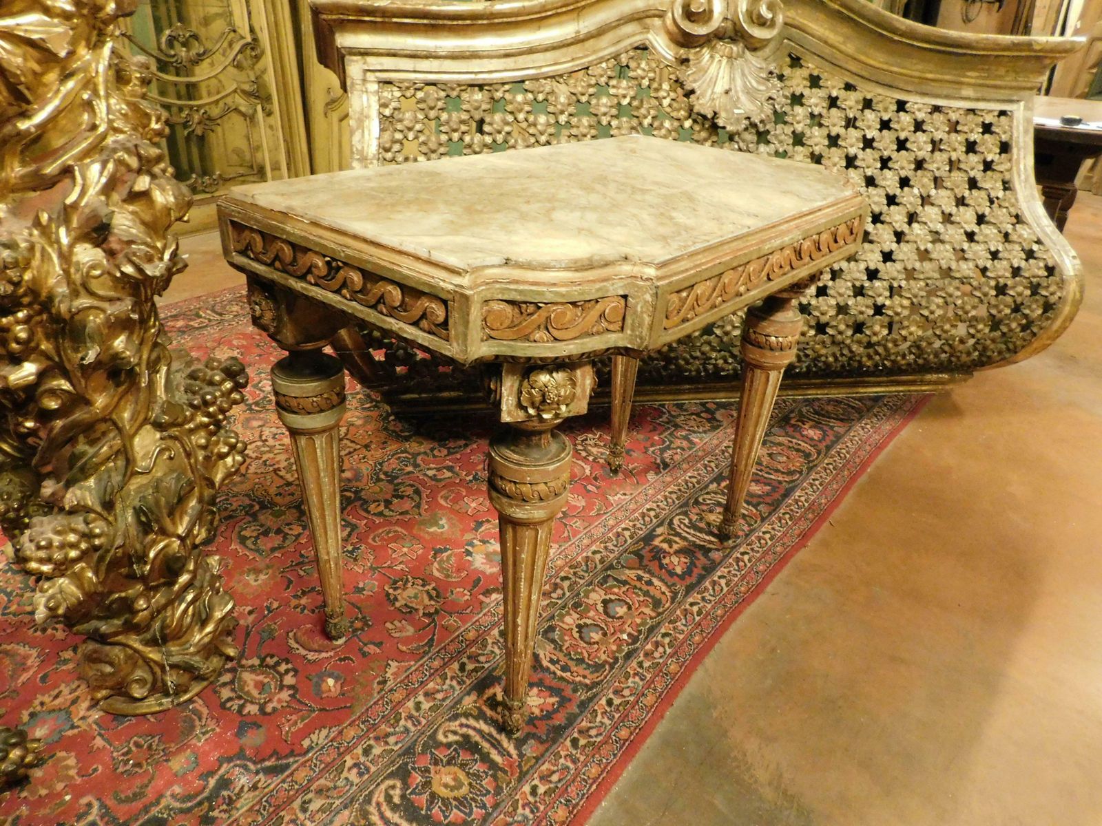 photo for sale Console Table In Lacquered And Gilded Wood With Floral Motifs, Alabaster Top