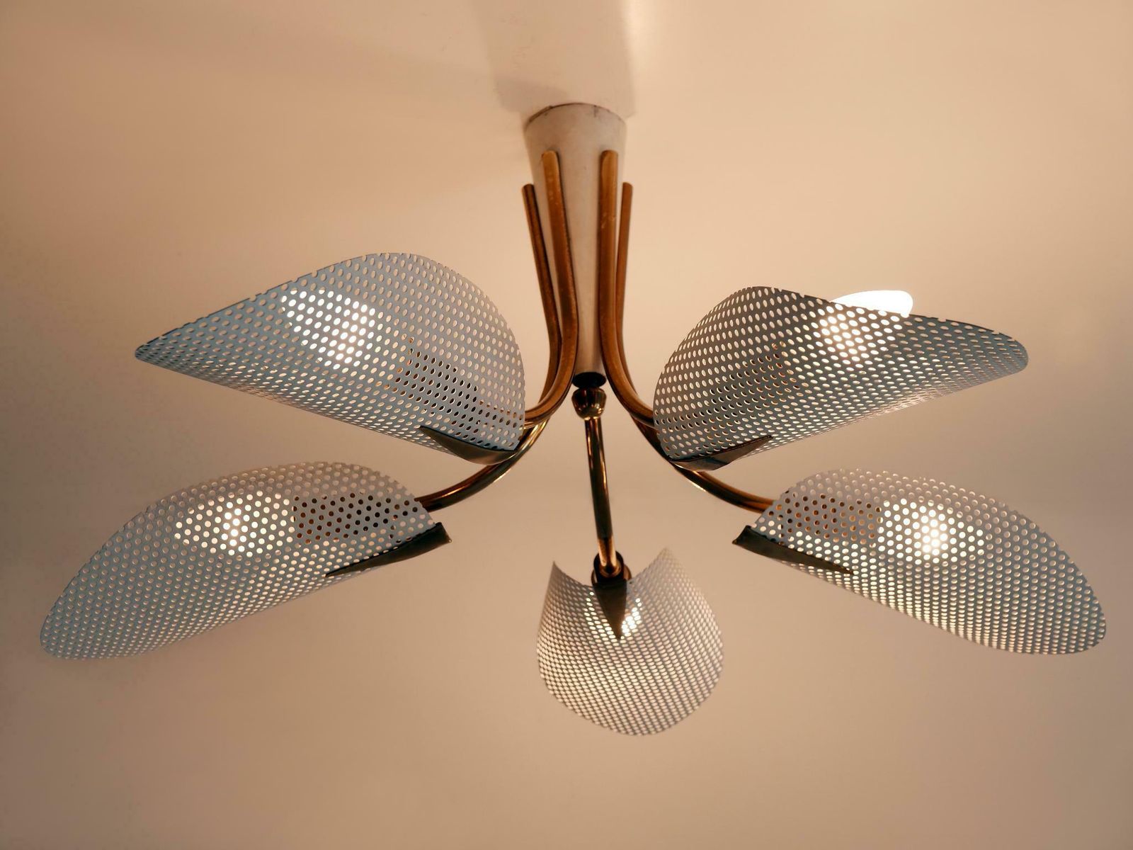 Lovely Mid Century Modern Perforated Metal & Brass Ceiling Lamps Germany 1950s photo furniture