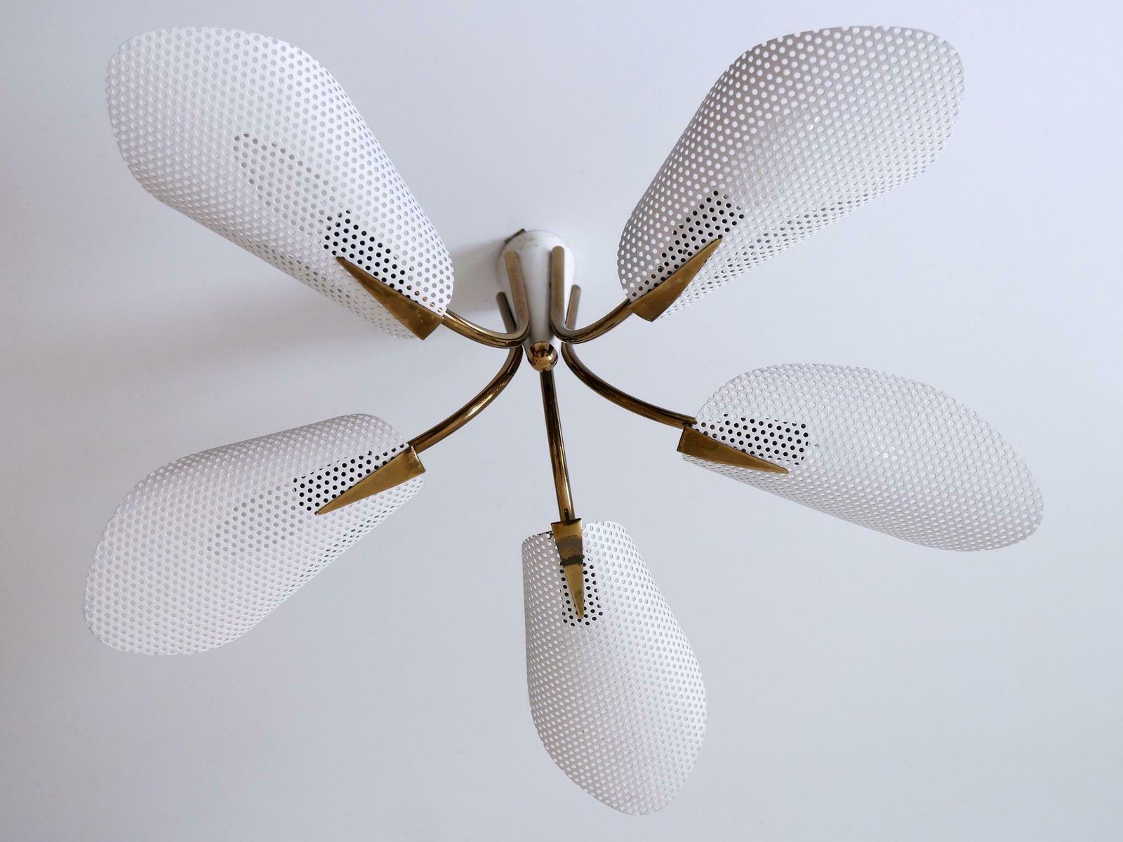 photo for sale Lovely Mid Century Modern Perforated Metal & Brass Ceiling Lamps Germany 1950s