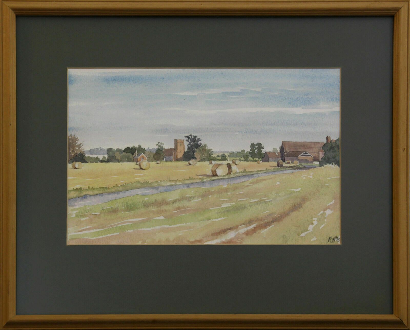 Watercolour By Rosemary Humphries. Countryside Scene With Hay Bales