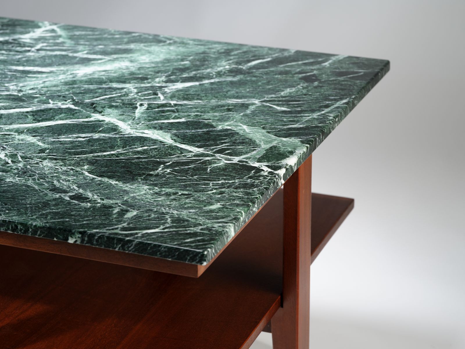 Stunning Mid Century Modern Verde Alpi Marble & Mahogany Side Table In The Manner Of Florence Knoll, Circa 1990’s, 2 Matching Tables Available. photo for sale
