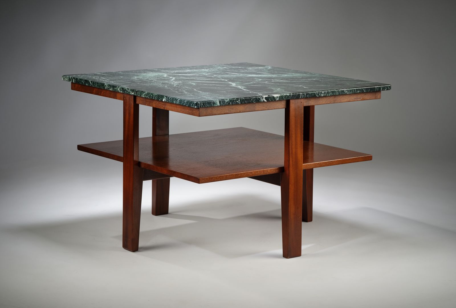 Stunning Mid Century Modern Verde Alpi Marble & Mahogany Side Table In The Manner Of Florence Knoll, Circa 1990’s, 2 Matching Tables Available.