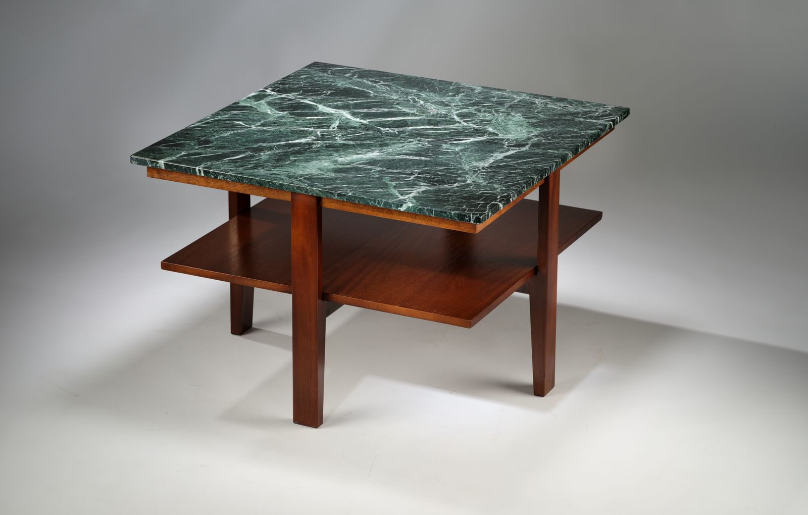 photo buy Stunning Mid Century Modern Verde Alpi Marble & Mahogany Side Table In The Manner Of Florence Knoll, Circa 1990’s, 2 Matching Tables Available.