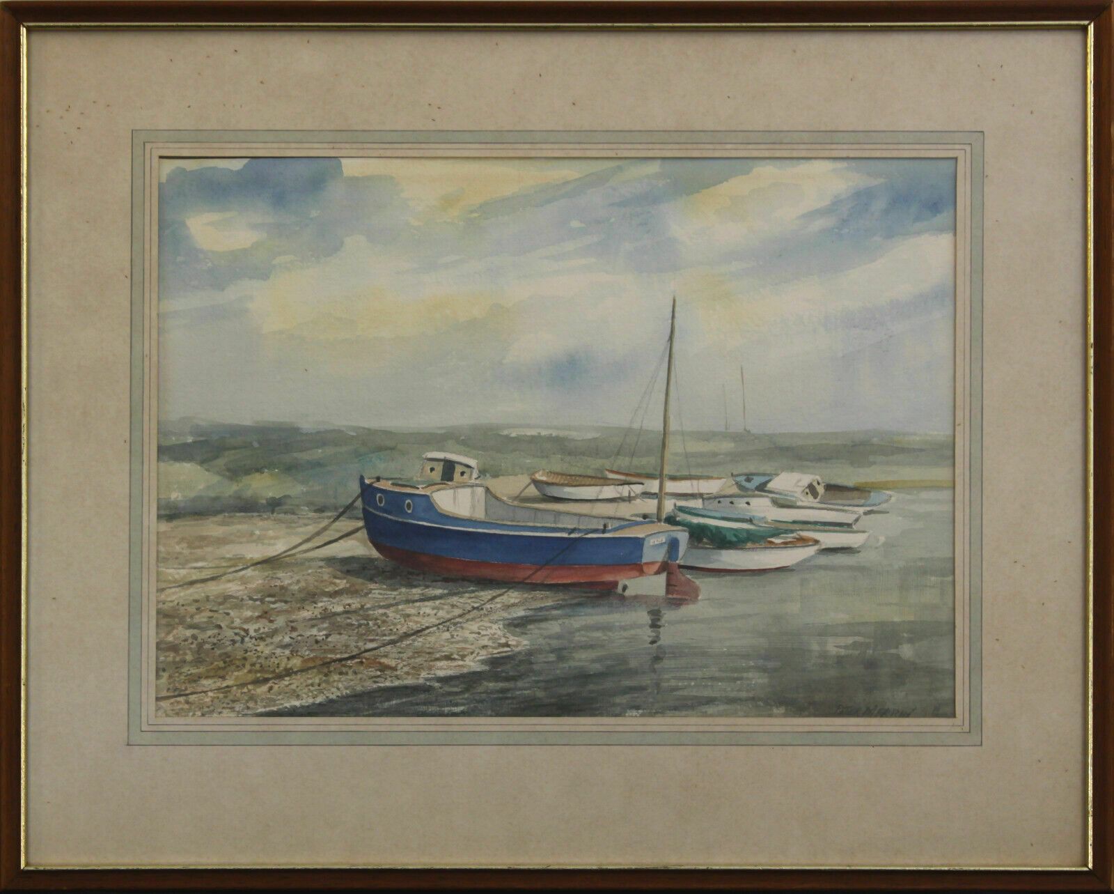 Watercolour By Peter Merrin. Boats Moored On A Riverbank