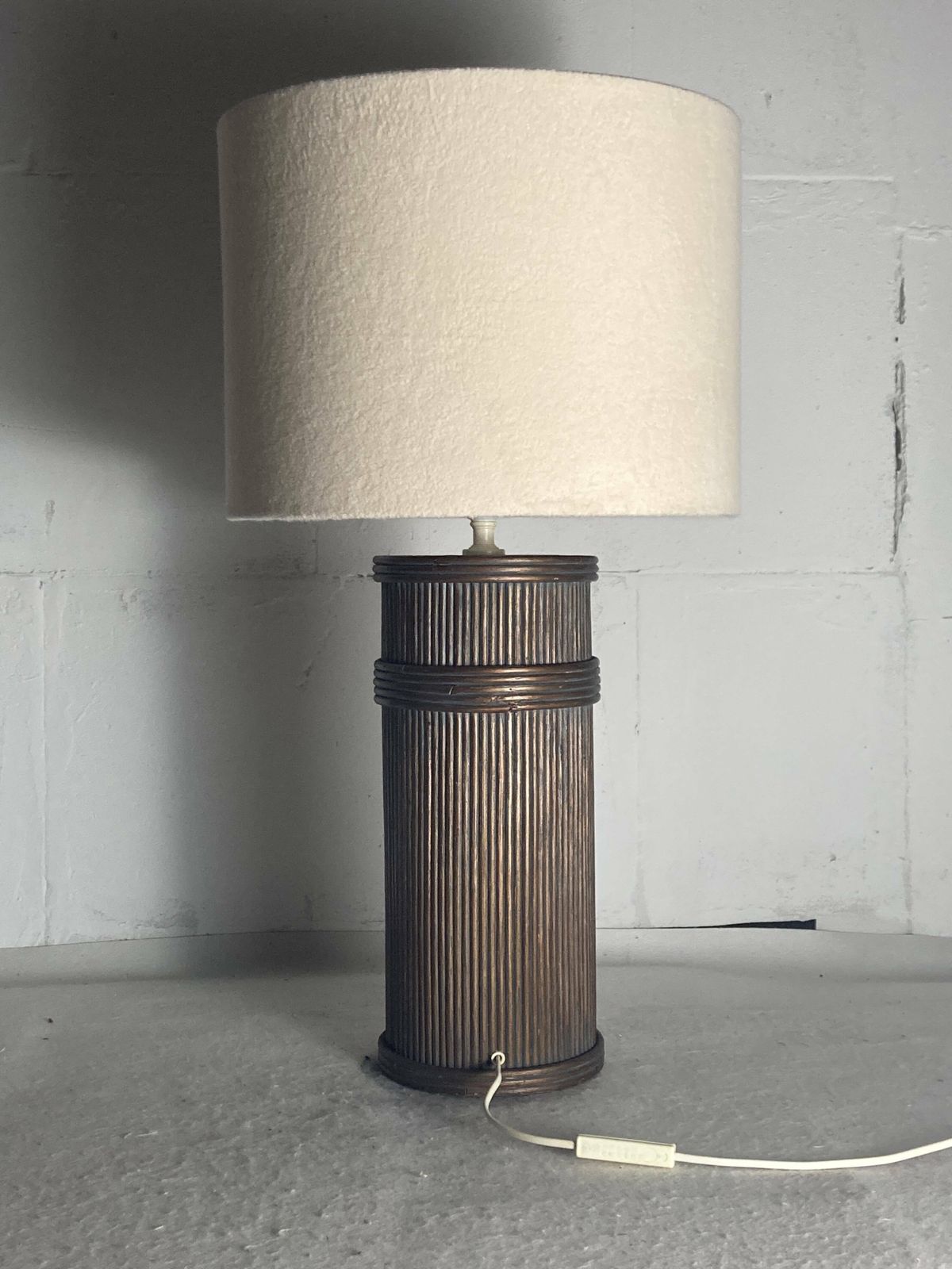 photo buy Large Pencil Reed Rattan Bamboo Pillar Table Lamp, Bouclé Shade, Italy 1970s
