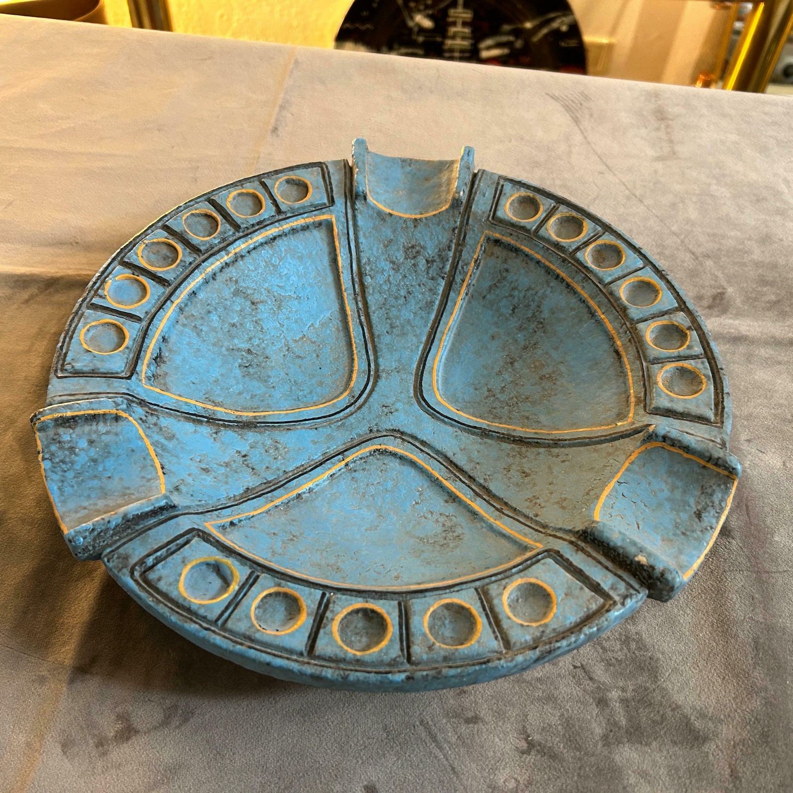 Home Decor 1969 Etruscan Inspired Blue And Yellow Ceramic Italian Ashtray By Casucci photo
