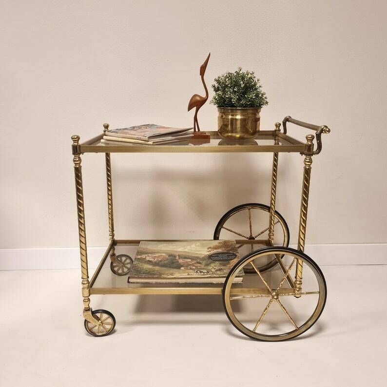 Vintage Hollywood Regency Brass Trolley Bar Cart With Smoked Glass.