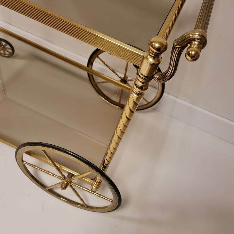Vintage Hollywood Regency Brass Trolley Bar Cart With Smoked Glass. photo vinterior