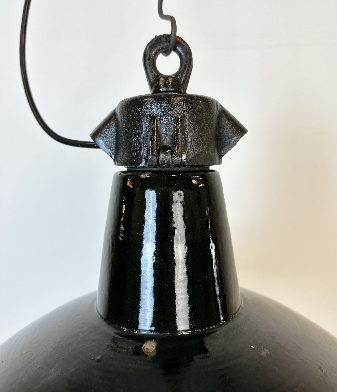 Industrial Black Enamel Factory Lamp With Cast Iron Top, 1950s photo for sale