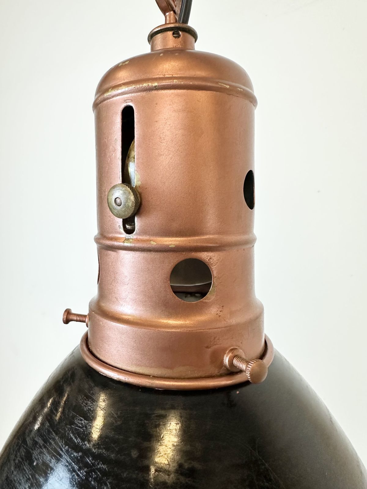 Industrial Italian Black Enamel Factory Lamp With Iron Top, 1950s, 2x photo vinterior