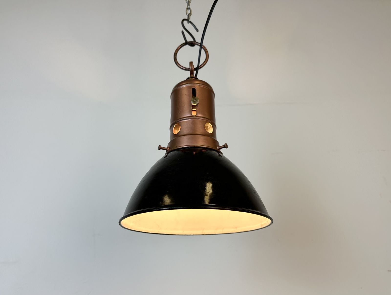 Industrial Italian Black Enamel Factory Lamp With Iron Top, 1950s, 2x photo buy