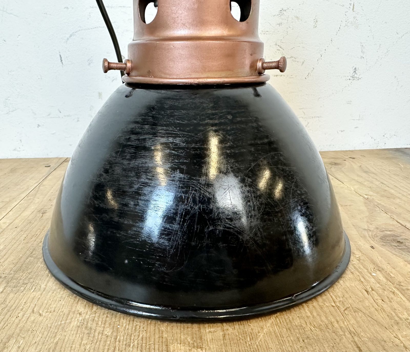 photo for sale Industrial Italian Black Enamel Factory Lamp With Iron Top, 1950s, 2x