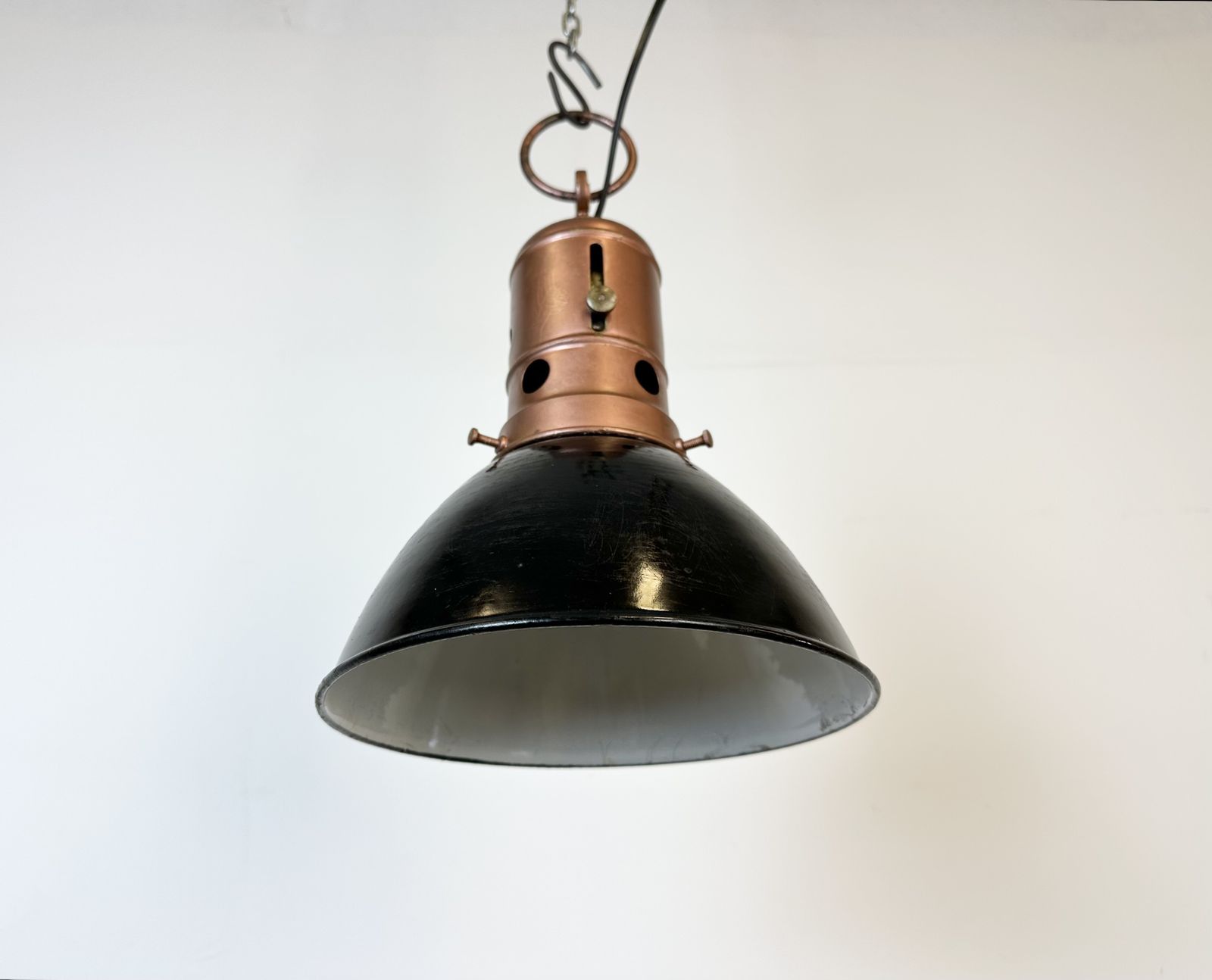 179.0 Industrial Italian Black Enamel Factory Lamp With Iron Top, 1950s, 2x photo