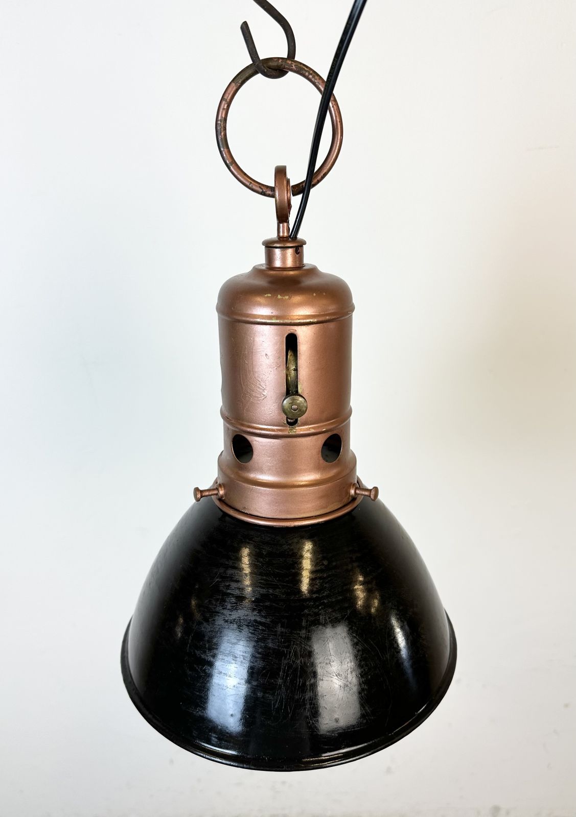 photo vinterior Industrial Italian Black Enamel Factory Lamp With Iron Top, 1950s, 2x
