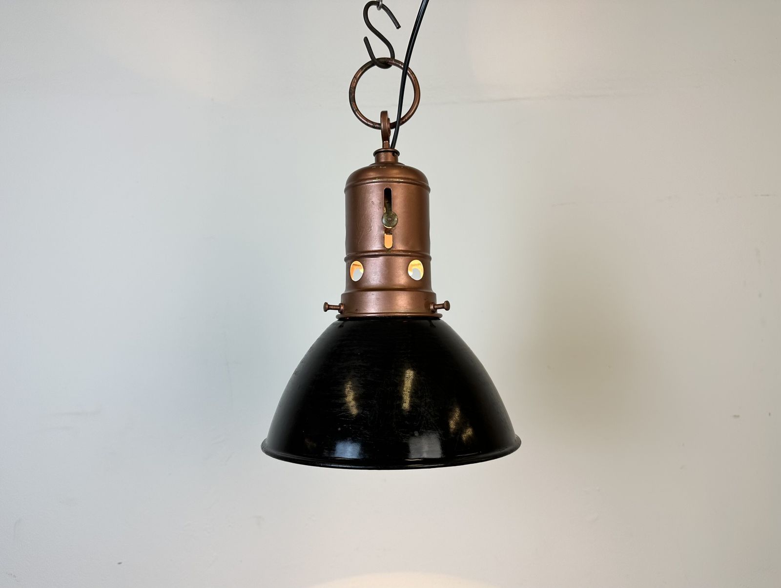 photo buy Industrial Italian Black Enamel Factory Lamp With Iron Top, 1950s, 2x