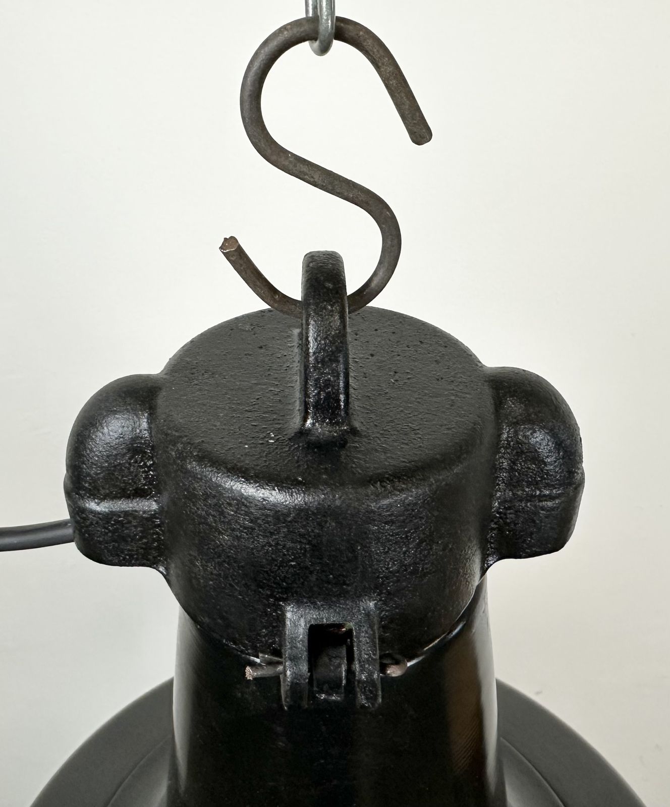 Industrial Black Pendant Factory Lamp With Cast Iron Top, 1970s, 2x photo vinterior