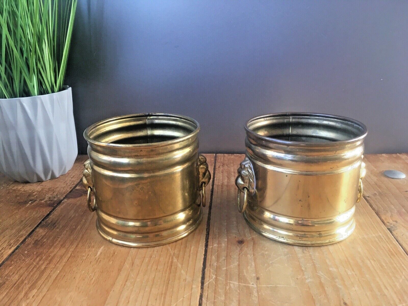 Pair Of Vintage Bates Brass Lions Head Handles Herb Cacti Planters Plant Pots photo Home Decor