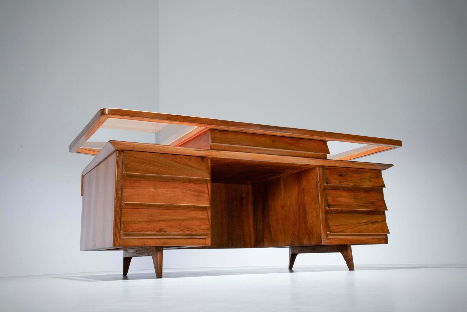 Writing Desk By Silvio Cavatorta In Solid Walnut And Glass, Italy, 1950's photo vinterior