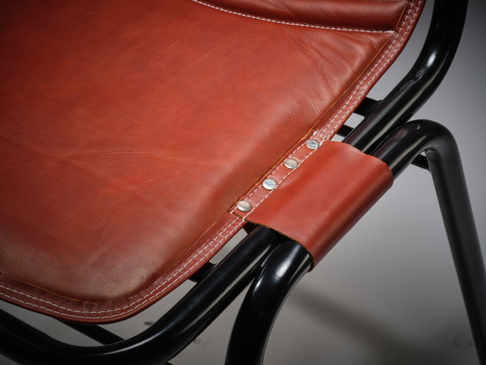 Rare Fully Restored Black Enamel & Hand Stitched Saddle Leather Dining Chair In The Manner Of The Les Arc Chair By Charlotte Perriand, Circa 1970’s, photo Furniture