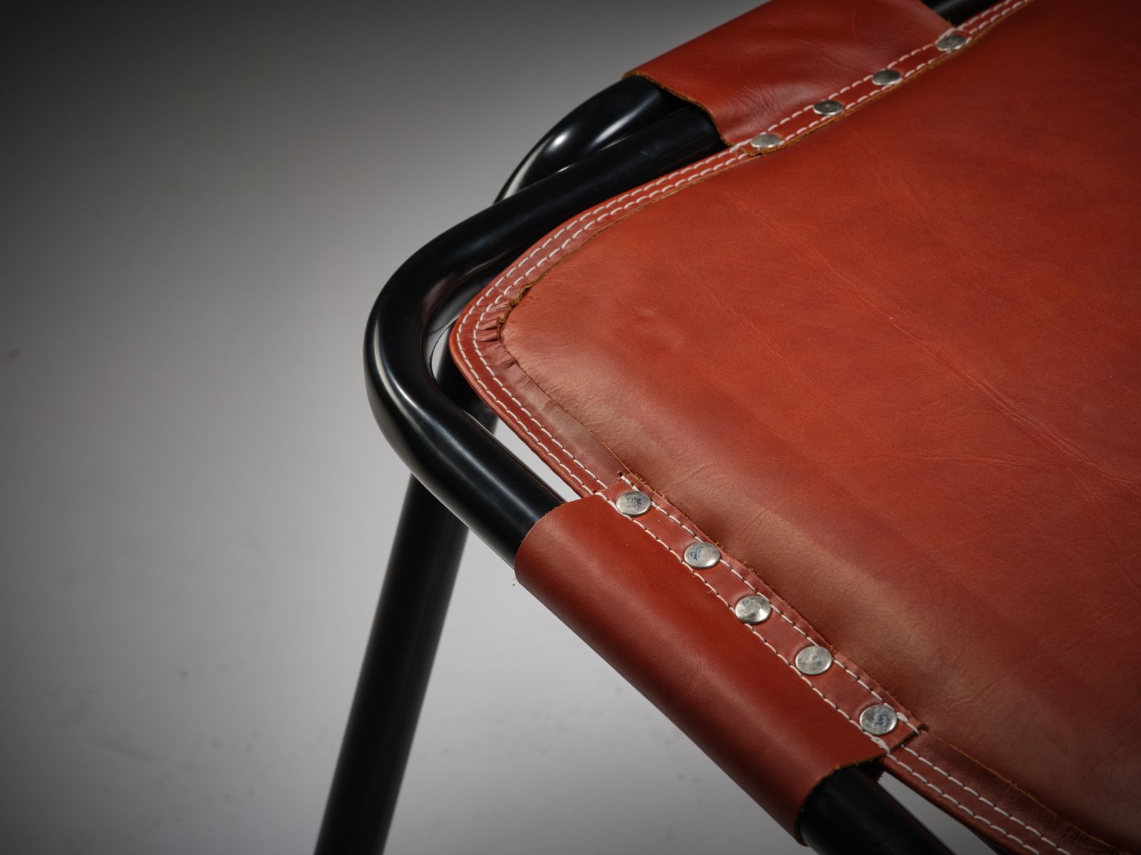 Rare Fully Restored Black Enamel & Hand Stitched Saddle Leather Dining Chair In The Manner Of The Les Arc Chair By Charlotte Perriand, Circa 1970’s, photo vinterior
