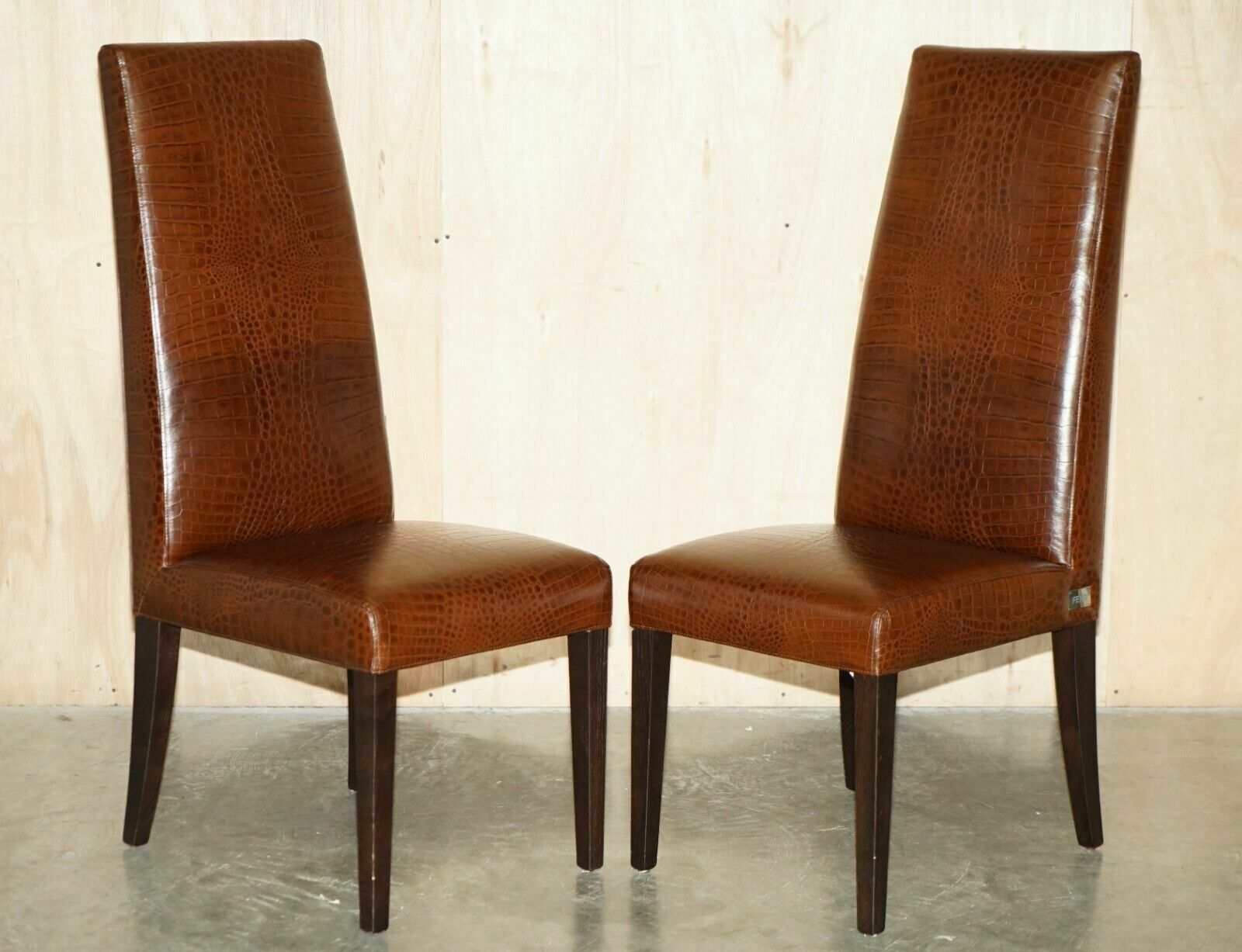 Pair Of Fendi Alligator Crocodile Patina Brown Leather Occasional Chairs