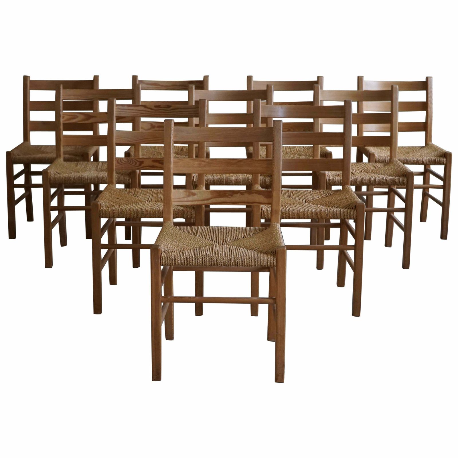 Set Of 10 Dining Chairs In Pine & Seagrass Seats, Danish Mid Century, 1960s