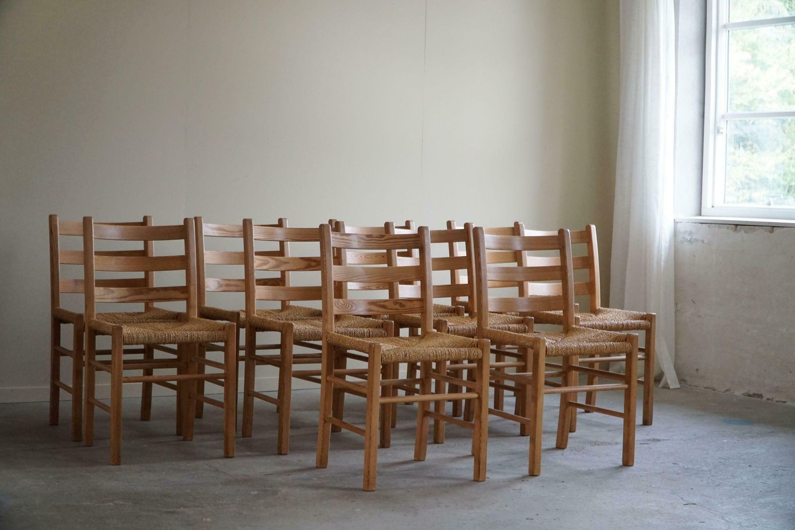 Set Of 10 Dining Chairs In Pine & Seagrass Seats, Danish Mid Century, 1960s photo vintage