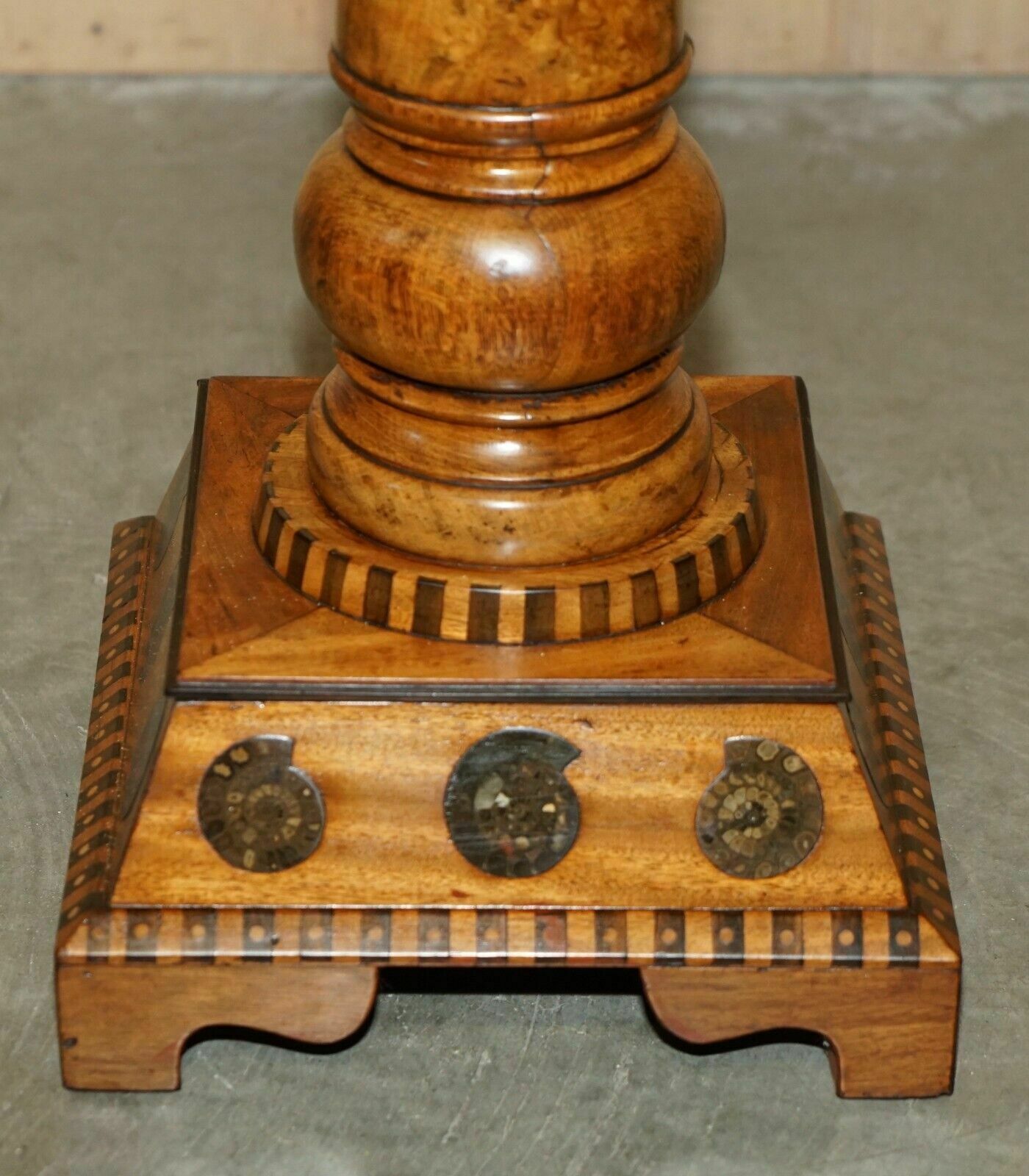Fine Antique Victorian Burr Oak Ammonite Fossil Corinthian Pillar Pedestal Stand photo vinterior